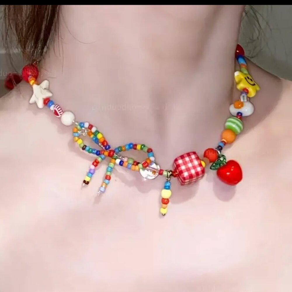 Whimsical Necklace w Fried Egg, Star, Hearts, Bow, Apple, Checked Cube Multiclr
